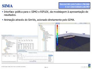 Desenvolvido pela Ceetron e Marintek
 SIMA                                                                       A ser comercializado pela DNV

  Interface gráfica para o SIMO e RIFLEX, da modelagem à apresentação de
   resultados.
  Animação através do SimVis, acionado diretamente pelo SIMA.




© Det Norske Veritas Ltda. Todos os direitos reservados.   Slide 34
 
