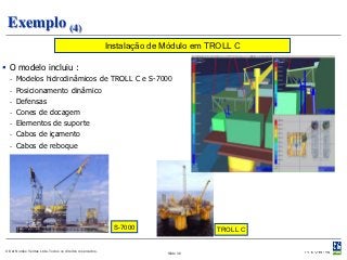 Exemplo (4)
                                                           Instalação de Módulo em TROLL C

 O modelo incluiu :
  -   Modelos hidrodinâmicos de TROLL C e S-7000
  -   Posicionamento dinâmico
  -   Defensas
  -   Cones de docagem
  -   Elementos de suporte
  -   Cabos de içamento
  -   Cabos de reboque




                                                            S-7000                  TROLL C


© Det Norske Veritas Ltda. Todos os direitos reservados.                 Slide 38
 