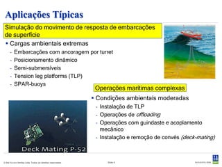 Aplicações Típicas (2)
                                              Simulação do movimento de resposta de embarcações de superfície

  Cargas ambientais extremas
     -   Embarcações com ancoragem por turret
     -   Posicionamento dinâmico
     -   Semi-submersíveis
     -   Tension leg platforms (TLP)
     -   SPAR-buoys


                                                                     Condições ambientais moderadas
                                                                       - Instalação de TLP
                                                                       - Operações de offloading
                                                                       - Operações com guindaste e acoplamento
                                                                         mecânico
                                                                       - Instalação e remoção de convés (deck-mating)

                                                                    Operações marítimas complexas

© Det Norske Veritas Ltda. Todos os direitos reservados.                      Slide 5
 