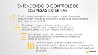 ENTENDENDO O CONTROLE DE
DESPESAS EXTERNAS
Você sabia que despesas de viagens ou reembolsos é o
segundo item mais difícil da linha de despesa operacional para
uma empresa controlar?
Entre fluxos morosos, trânsito de documento e
tantas dimensões para serem controladas, uma
empresa perde muito em relação a eficiência.
Todo esse processo não permite um real controle
de despesa, além de consumir muito tempo de
todos os envolvidos!
Já é mais que comprovado que controles e
acompanhamentos eficientes geram uma redução
de custo, e é exatamente isso que o Simpe Expenses
propõem.
 