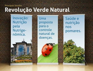 Revolução Verde Natural
Inovação:
Nutrição
pela
Nutrige-
nômica.
Saúde e
nutrição
nos
pomares.
Uma
proposta
para o
controle
natural de
doenças.
Principais Sessões
 