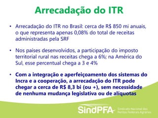 Arrecadação do ITR
• Arrecadação do ITR no Brasil: cerca de R$ 850 mi anuais,
o que representa apenas 0,08% do total de receitas
administradas pela SRF
• Nos países desenvolvidos, a participação do imposto
territorial rural nas receitas chega a 6%; na América do
Sul, esse percentual chega a 3 e 4%
• Com a integração e aperfeiçoamento dos sistemas do
Incra e a cooperação, a arrecadação do ITR pode
chegar a cerca de R$ 8,3 bi (ou +), sem necessidade
de nenhuma mudança legislativa ou de alíquotas
 