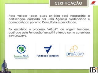 CERTIFICAÇÃO
Para validar todos esses critérios será necessário a
certificação, auditada por uma Agência credenciada e
acompanhada por uma Consultoria especializada.
Foi escolhido o processo “AQUA”, de origem francesa,
auditado pela Fundação Vanzolini e tendo como consultora
a PROACTIVE.

 