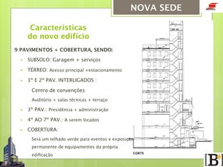 15

NOVA SEDE

Características 
do novo edifício
9 PAVIMENTOS + COBERTURA, SENDO:
§ 

SUBSOLO: Garagem + serviços

§ 

TÉRREO: Acesso principal +estacionamento

§ 

1º E 2º PAV. INTERLIGADOS :
Centro de convenções



Auditório + salas técnicas + terraço
§ 

3º PAV.: Presidência + administração

§ 

4º AO 7º PAV.: A serem locados

§ 

COBERTURA:
Será um telhado verde para eventos e exposição
permanente de equipamentos da própria
ediﬁcação

CORTE

 