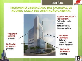 EDIFÍCIO
TRATAMENTO DIFERENCIADO DAS FACHADAS, DE
ACORDO COM A SUA ORIENTAÇÃO CARDINAL
QUINTA FACHADA –
COBERTURA
Telhado verde,
Placas
fotovoltaícas,
Energia eólica
FACHADA
SUDESTE
(fundos)
FACHADA
NORDESTE
(lateral)

FACHADA
SUDOESTE
(lateral)
Proteção solar,
Vidros refletivos
FACHADA
NOROESTE
(frente)

 