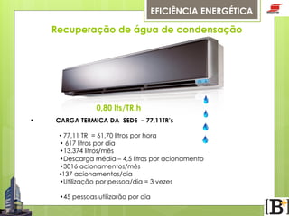EFICIÊNCIA ENERGÉTICA

Recuperação de água de condensação

0,80 lts/TR.h
§ 

CARGA TERMICA DA SEDE – 77,11TR’s
• 77,11 TR = 61,70 litros por hora
• 617 litros por dia
•13.374 litros/mês
•Descarga média – 4,5 litros por acionamento
•3016 acionamentos/mês
•137 acionamentos/dia
•Utilização por pessoa/dia = 3 vezes
•45 pessoas utilizarão por dia

 