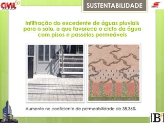SUSTENTABILIDADE
Infiltração do excedente de águas pluviais
para o solo, o que favorece o ciclo da água
com pisos e passeios permeáveis

Todos esses equipamentos garantem uma
economia de 35 a 40% de água
Aumento no coeficiente de permeabilidade de 38,36%

 