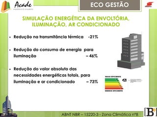 ECO GESTÃO
SIMULAÇÃO ENERGÉTICA DA ENVOLTÓRIA,
ILUMINAÇÃO, AR CONDICIONADO
• 

Redução na transmitância térmica

• 

Redução do consumo de energia para
iluminação

• 

-21%

– 46%

Redução do valor absoluto das
necessidades energéticas totais, para
iluminação e ar condicionado

– 73%

ABNT NBR – 15220-3 - Zona Climática n°8

 