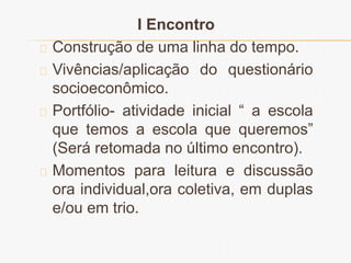 I Encontro 
Construção de uma linha do tempo. 
Vivências/aplicação do questionário 
socioeconômico. 
Portfólio- atividade inicial “ a escola 
que temos a escola que queremos” 
(Será retomada no último encontro). 
Momentos para leitura e discussão 
ora individual,ora coletiva, em duplas 
e/ou em trio. 
 