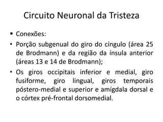 Circuito Neuronal da Tristeza
 Conexões:
• Porção subgenual do giro do cíngulo (área 25
de Brodmann) e da região da ínsula anterior
(áreas 13 e 14 de Brodmann);
• Os giros occipitais inferior e medial, giro
fusiforme, giro lingual, giros temporais
póstero-medial e superior e amígdala dorsal e
o córtex pré-frontal dorsomedial.
 