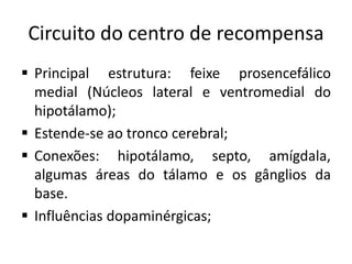 Circuito do centro de recompensa
 Principal estrutura: feixe prosencefálico
medial (Núcleos lateral e ventromedial do
hipotálamo);
 Estende-se ao tronco cerebral;
 Conexões: hipotálamo, septo, amígdala,
algumas áreas do tálamo e os gânglios da
base.
 Influências dopaminérgicas;
 