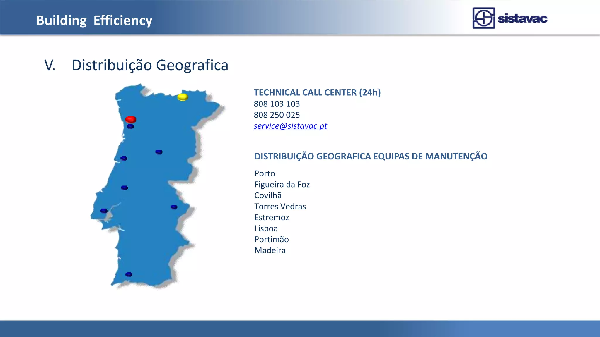 Building Efficiency
TECHNICAL CALL CENTER (24h)
808 103 103
808 250 025
service@sistavac.pt
DISTRIBUIÇÃO GEOGRAFICA EQUIPAS DE MANUTENÇÃO
Porto
Figueira da Foz
Covilhã
Torres Vedras
Estremoz
Lisboa
Portimão
Madeira
V. Distribuição Geografica
 