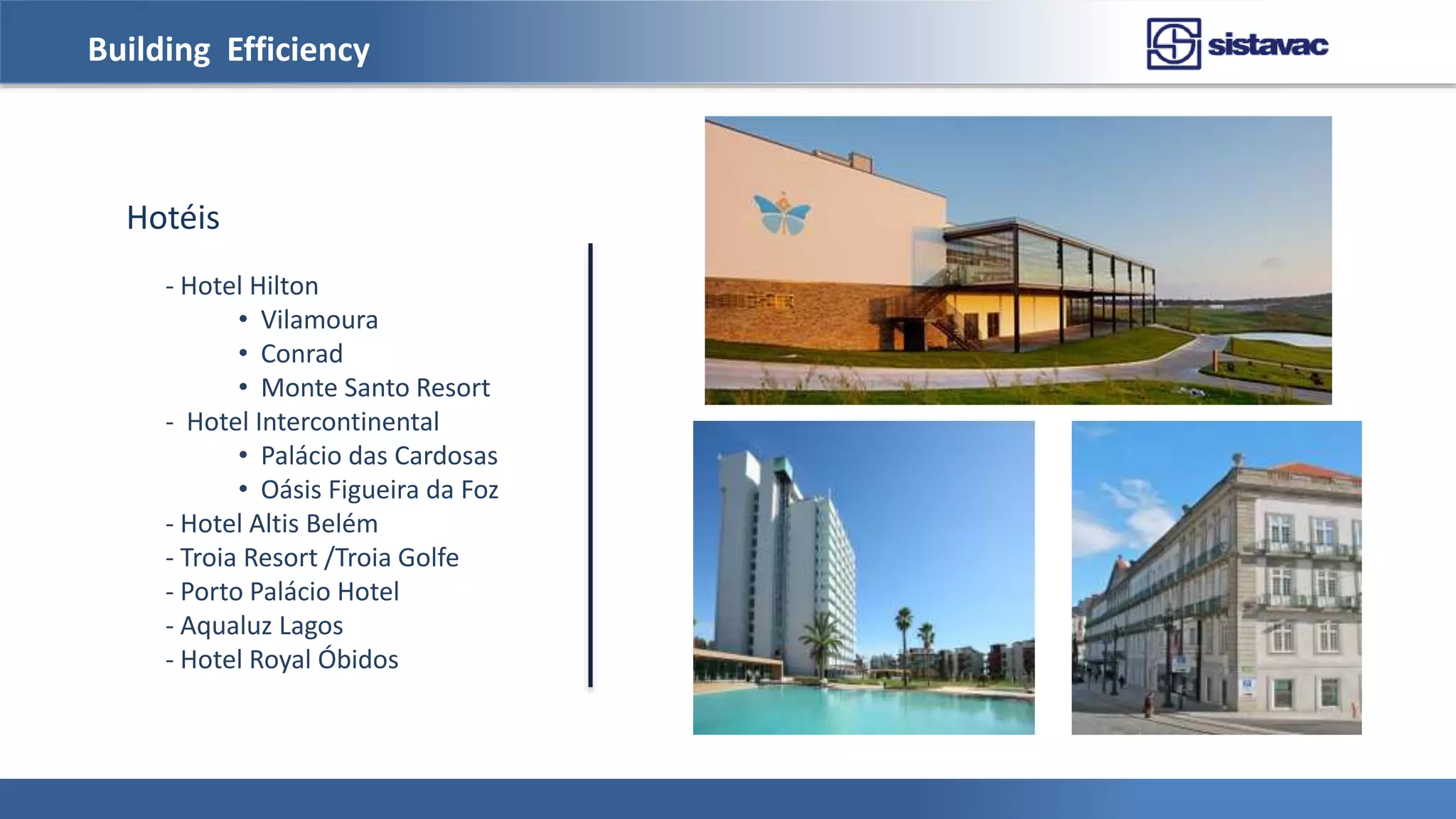 Building Efficiency
- Hotel Hilton
• Vilamoura
• Conrad
• Monte Santo Resort
- Hotel Intercontinental
• Palácio das Cardosas
• Oásis Figueira da Foz
- Hotel Altis Belém
- Troia Resort /Troia Golfe
- Porto Palácio Hotel
- Aqualuz Lagos
- Hotel Royal Óbidos
Hotéis
 