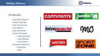 Building Efficiency
Distribuição
- Lojas Pão de Açúcar
- Jumbo Famalicão
- Lojas Intermarché
- Lojas Modelo
- Lojas Continente
- Sonae Distribuição
• Lojas Sportzone
• Lojas Modalfa
• Lojas Worten
-Interpostos Logísticos
• Azambuja
• Maia
 