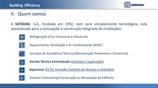 Building Efficiency
II. Quem somos
A SISTAVAC, S.A., fundada em 1992, com cariz vincadamente tecnológico, está
vocacionada para a concepção e construção integrada de instalações:
Refrigeração (Frio Comercial e Industrial)
Aquecimento, Ventilação e Ar Condicionado (AVAC)
Serviços de Assistência Técnica (Manutenção Preventiva e Correctiva)
Gestão Técnica Centralizada (Controlo e Supervição)
Segurança (CCTV, Intrusão, Controlo de Acessos e Incêndios)
General Contracting (Construção ou Renovação de Edificos)
 