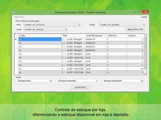 Controle de estoque por loja,
diferenciando o estoque disponível em loja e depósito
 