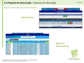 2. Proposta de IntervençãoCarlos LoboAs Propostas de Intervenção são delineadas à medida, conforme as situações detetadas no Diagnóstico e assentam em duas áreas que se complementam entre si…Consulgés Formação S.A. | Largo Padre Bernardino Ribeiro Fernandes, N.26 | 4835-489 Nespereira GMR T. 253 560 630 | F. 253 560 639 | www.consulges.pt | geral@consulges.pt