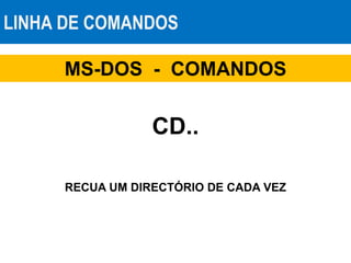 LINHA DE COMANDOS
MS-DOS - COMANDOS
CD..
RECUA UM DIRECTÓRIO DE CADA VEZ
 