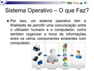 Sistema Operativo – O que Faz?
 Por isso, um sistema operativo tem a
finalidade de permitir uma comunicação entre
o utilizador humano e o computador, como
também organizar a troca de informações
entre os vários componentes existentes num
computador.
 