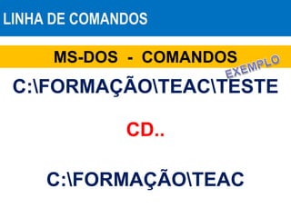 LINHA DE COMANDOS
MS-DOS - COMANDOS
CD..
C:FORMAÇÃOTEACTESTE
C:FORMAÇÃOTEAC
 