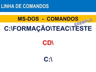LINHA DE COMANDOS
MS-DOS - COMANDOS
CD
C:FORMAÇÃOTEACTESTE
C:
 