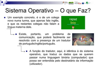Sistema Operativo – O que Faz?
 Um exemplo concreto, é o de um colega
novo numa turma, que apenas fala inglês,
e que os restantes colegas não falam a
língua materna dele.
 A função do tradutor, aqui, é idêntica à do sistema
operativo, que traduz os dados que se querem
passar numa linguagem binária (computador) que
possa ser entendida pelo destinatário da informação
(utilizador).
 Existe, portanto, um problema de
comunicação, que poderá facilmente ser
resolvido com a presença de um tradutor
de português/inglês/português.
 