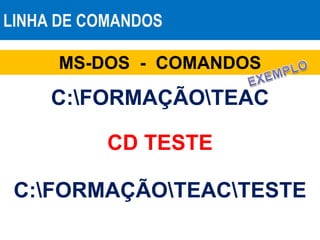 LINHA DE COMANDOS
MS-DOS - COMANDOS
CD TESTE
C:FORMAÇÃOTEACTESTE
C:FORMAÇÃOTEAC
 