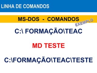 LINHA DE COMANDOS
MS-DOS - COMANDOS
MD TESTE
C: FORMAÇÃOTEAC
C:FORMAÇÃOTEACTESTE
 