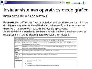 Instalar sistemas operativos modo gráfico
REQUISITOS MÍNIMOS DE SISTEMA
Para executar o Windows 7 o computador deve ter aos requisitos mínimos
de sistema. Algumas funcionalidades do Windows 7, só funcionaram se
tivermos o hardware com suporte ao recurso apropriado.
Antes de iniciar a instalação consulte a tabela abaixo, a qual descreve os
requisitos mínimos de sistema para executar o Windows 7.
 