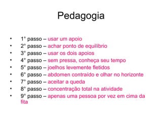 Pedagogia

•   1° passo – usar um apoio
•   2° passo – achar ponto de equilíbrio
•   3° passo – usar os dois apoios
•   4° passo – sem pressa, conheça seu tempo
•   5° passo – joelhos levemente fletidos
•   6° passo – abdomen contraído e olhar no horizonte
•   7° passo – aceitar a queda
•   8° passo – concentração total na atividade
•   9° passo – apenas uma pessoa por vez em cima da
    fita
 