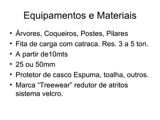 Equipamentos e Materiais
•   Árvores, Coqueiros, Postes, Pilares
•   Fita de carga com catraca. Res. 3 a 5 ton.
•   A partir de10mts
•   25 ou 50mm
•   Protetor de casco Espuma, toalha, outros.
•   Marca “Treewear” redutor de atritos
    sistema velcro.
 
