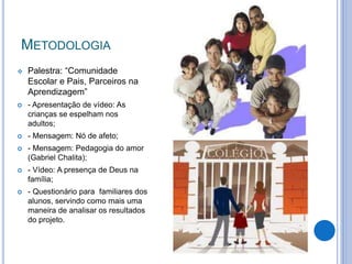 METODOLOGIA
 Palestra: “Comunidade
Escolar e Pais, Parceiros na
Aprendizagem”
 - Apresentação de vídeo: As
crianças se espelham nos
adultos;
 - Mensagem: Nó de afeto;
 - Mensagem: Pedagogia do amor
(Gabriel Chalita);
 - Vídeo: A presença de Deus na
família;
 - Questionário para familiares dos
alunos, servindo como mais uma
maneira de analisar os resultados
do projeto.
 