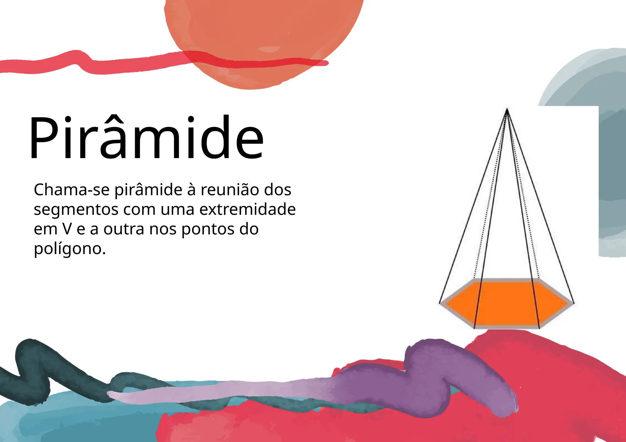 Pirâmide
Chama-se pirâmide à reunião dos
segmentos com uma extremidade
em V e a outra nos pontos do
polígono.
 