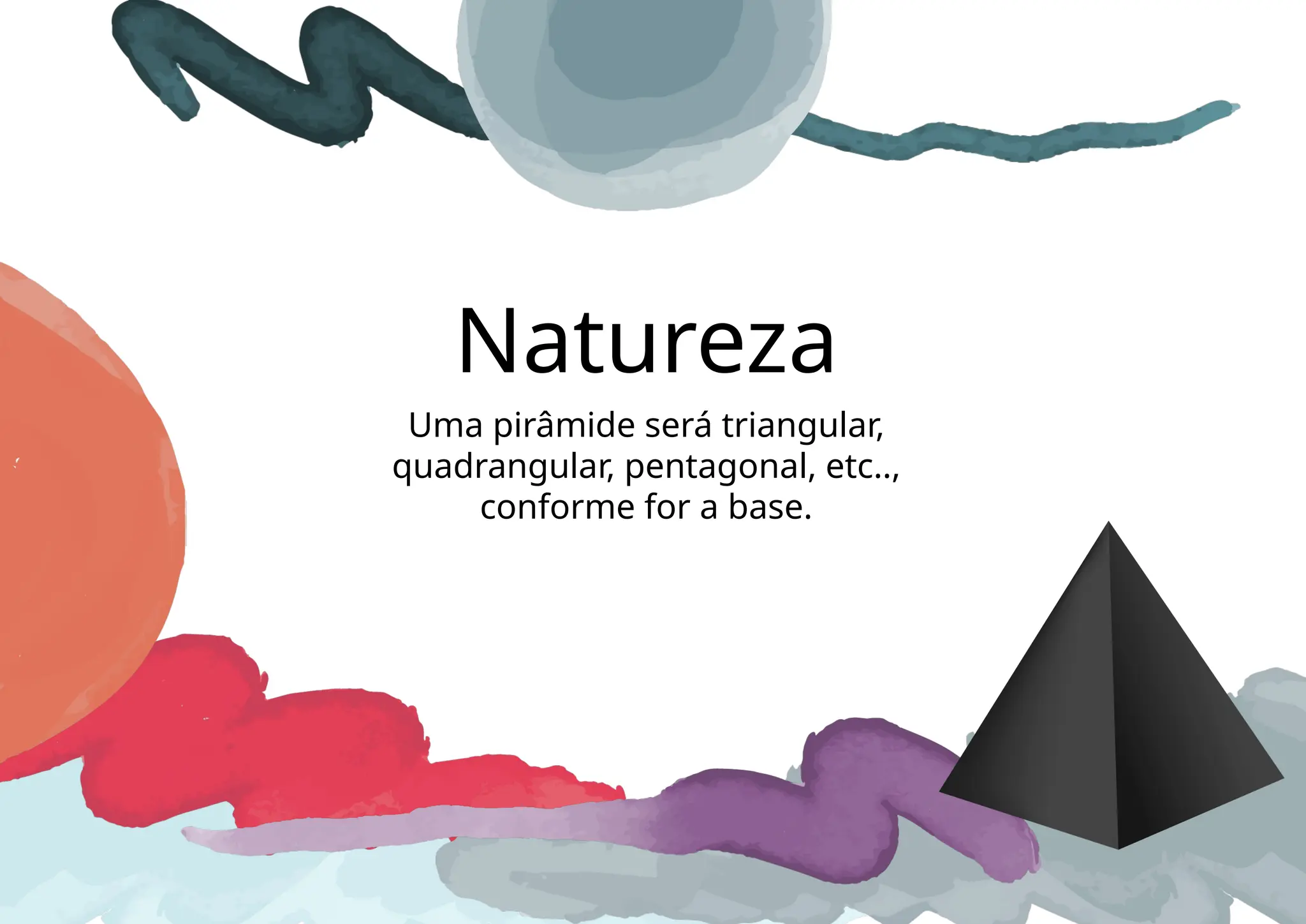 Natureza
Uma pirâmide será triangular,
quadrangular, pentagonal, etc..,
conforme for a base.
 