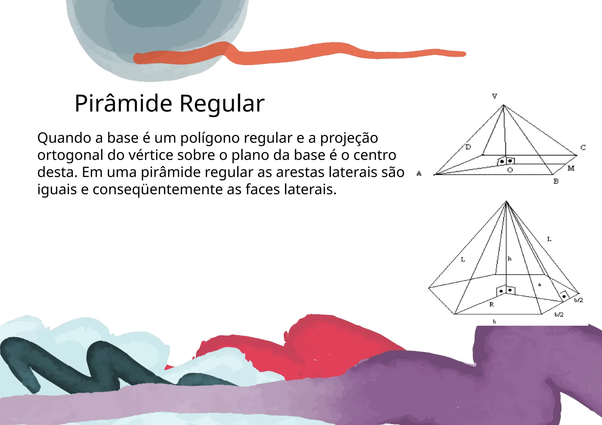 Pirâmide Regular
Quando a base é um polígono regular e a projeção
ortogonal do vértice sobre o plano da base é o centro
desta. Em uma pirâmide regular as arestas laterais são
iguais e conseqüentemente as faces laterais.
 