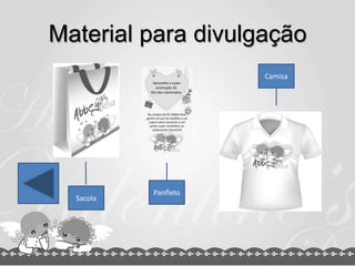 Material para divulgação
Sacola
Panfleto
Camisa
 
