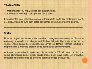 TRATAMENTO
- Mebendazol 100 mg, 2 vezes por dia por 3 dias.
- Albendazol 400 mg, 1 vez por dia por 3 dias.
Em pacientes com infecção maciça, o tratamento pode ser prolongado por 5
a 7 dias. A taxa de cura com estes esquemas costuma ser acima de 90%.
-------------------------------------------------------------------------------------------------------
CICLO
Uma vez ingeridos, os ovos do parasito conseguem atravessar incólumes o
estômago e eclodem ao chegar ao intestino delgado, liberando as larvas do
verme. Após cerca de 3 meses, as larvas se tornam vermes adultos e
migram para o intestino grosso, onde irão habitar definitivamente.
A fêmea do parasito é capaz de colocar mais de 20 mil ovos por dia, que
serão eliminados pelas fezes, dando início a um novo ciclo. Um indivíduo
infectado libera milhares de ovos do parasita a cada evacuação.
 