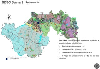 Zona Mista 2-03 –permitidas residências, comércios e
                                                  serviços médios e indústrias leves.

                                                  •    Índice de Aproveitamento = 2,5

                                                  •    Taxa Máxima de Ocupação = 70%

                                                  •    Taxa Máxima de Impermeabilização = 90%

                                                  •    1 Vaga de Estacionamento p/ 150 m² de área
Mapa de Zoneamento | Fonte : Plano Diretor 2006
        Área de Projeto                           construída




                                                                                                 13
 