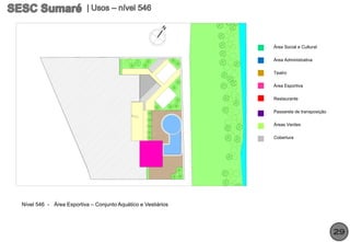 Área Social e Cultural

                                                              Área Administrativa

                                                              Teatro

                                                              Área Esportiva

                                                              Restaurante

                                                              Passarela de transposição

                                                              Áreas Verdes

                                                              Cobertura




Nível 546 - Área Esportiva – Conjunto Aquático e Vestiários




                                                                                          29
 