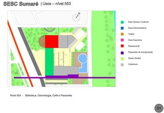 Área Social e Cultural

                                                        Área Administrativa

                                                        Teatro

                                                        Área Esportiva

                                                        Restaurante

                                                        Passarela de transposição

                                                        Áreas Verdes

                                                        Cobertura




Nível 554 - Biblioteca, Odontologia, Cefé e Passarela




                                                                                    31
 