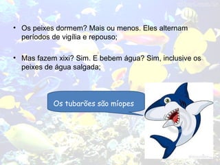 • Os peixes dormem? Mais ou menos. Eles alternam
períodos de vigília e repouso;
• Mas fazem xixi? Sim. E bebem água? Sim, inclusive os
peixes de água salgada;
Os tubarões são míopes
 