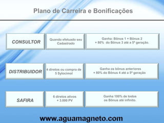 Plano de Carreira e Bonificações



                 Quando efetuado seu         Ganha: Bônus 1 + Bônus 2
 CONSULTOR           Cadastrado          + 80% do Bônus 3 até a 5ª geração.




               4 diretos ou compra de       Ganha os bônus anteriores
DISTRIBUIDOR         5 Sylocimol        + 80% do Bônus 4 até a 5ª geração




                   6 diretos ativos           Ganha 100% de todos
  SAFIRA              + 3.000 PV              os Bônus até infinito.
 