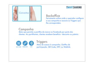 Conceitos

Backofﬁce

Ferramenta online onde o operador conﬁgura
a sua campanha e associa os Triggers que
lhe correspondem.

Campanha

Meio que permite a partilha da marca no Facebook por parte dos
clientes. Ao partilharem, clientes recebem benefício - desconto ou prémio.

Triggers

Meio de acesso à campanha. Gatilho de
participação. QR Code, NFC ou Weblink.

 