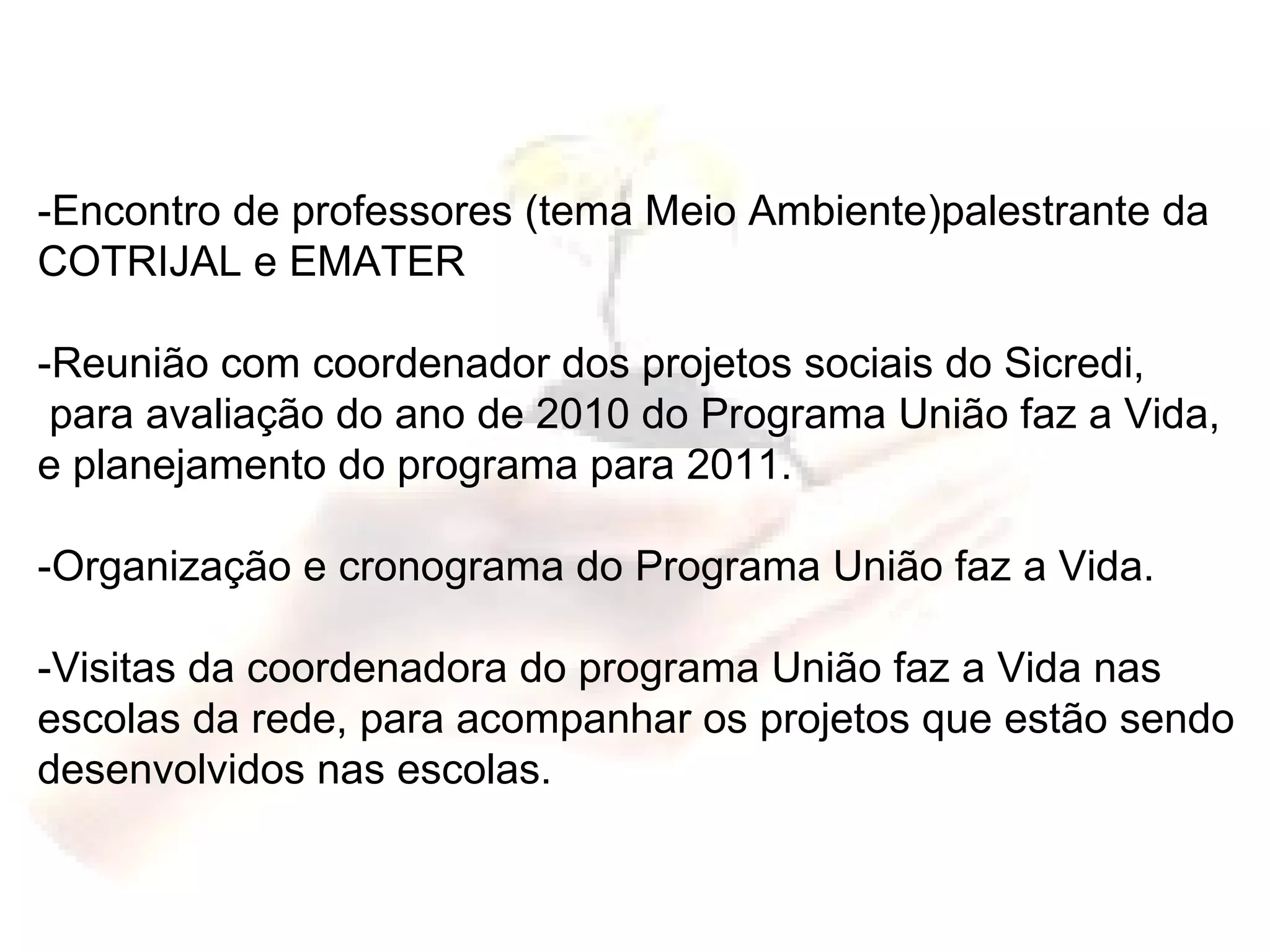 -Encontro de professores (tema Meio Ambiente)palestrante da  COTRIJAL e EMATER -Reunião com coordenador dos projetos sociais do Sicredi, para avaliação do ano de 2010 do Programa União faz a Vida,  e planejamento do programa para 2011. -Organização e cronograma do Programa União faz a Vida. -Visitas da coordenadora do programa União faz a Vida nas  escolas da rede, para acompanhar os projetos que estão sendo  desenvolvidos nas escolas. 