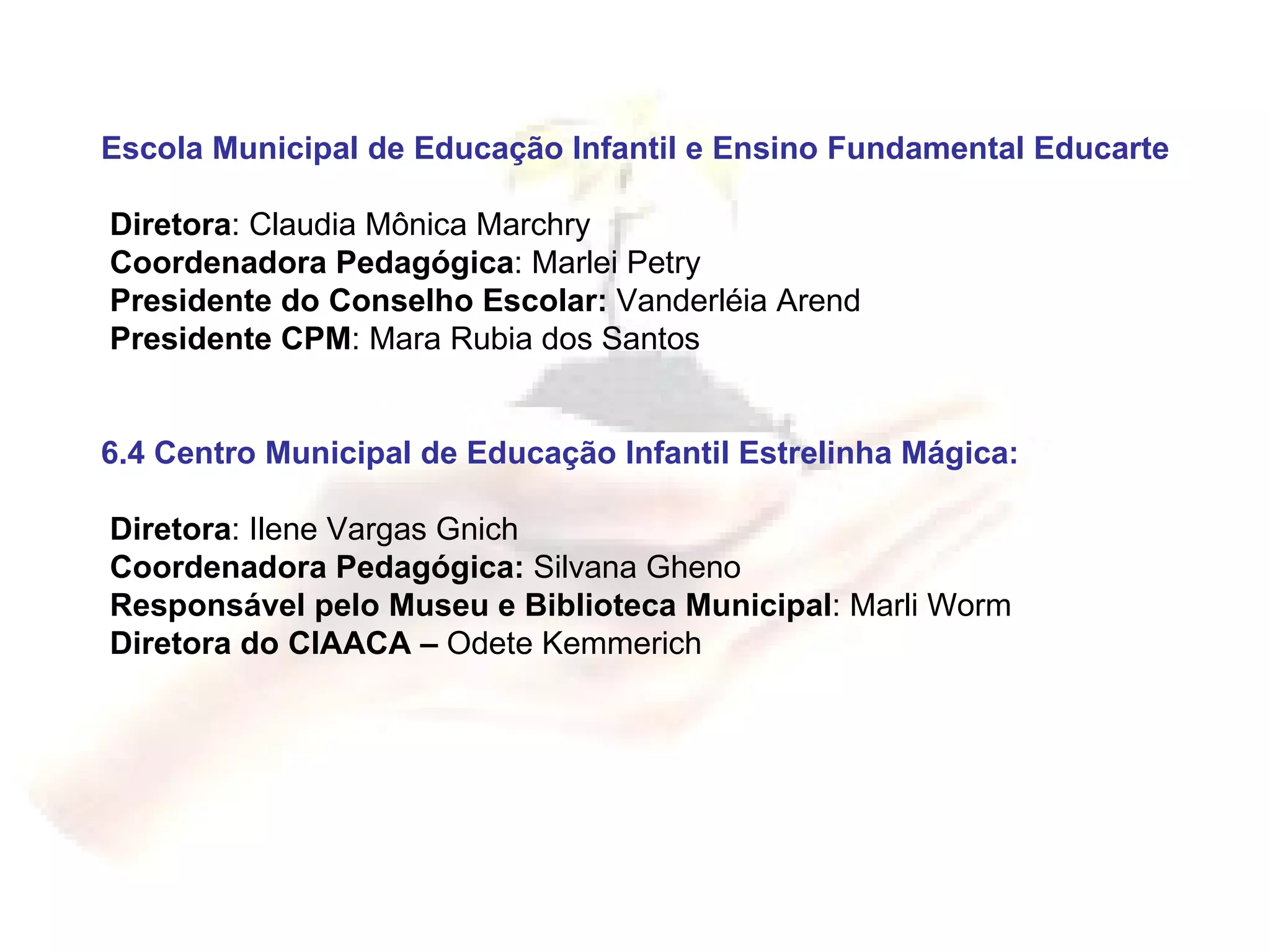 Escola Municipal de Educação Infantil e Ensino Fundamental Educarte  Diretora : Claudia Mônica Marchry Coordenadora Pedagógica : Marlei Petry Presidente do Conselho Escolar:  Vanderléia Arend Presidente CPM : Mara Rubia dos Santos 6.4 Centro Municipal de Educação Infantil Estrelinha Mágica: Diretora : Ilene Vargas Gnich  Coordenadora Pedagógica:  Silvana Gheno Responsável pelo Museu e Biblioteca Municipal : Marli Worm Diretora do CIAACA –  Odete Kemmerich 
