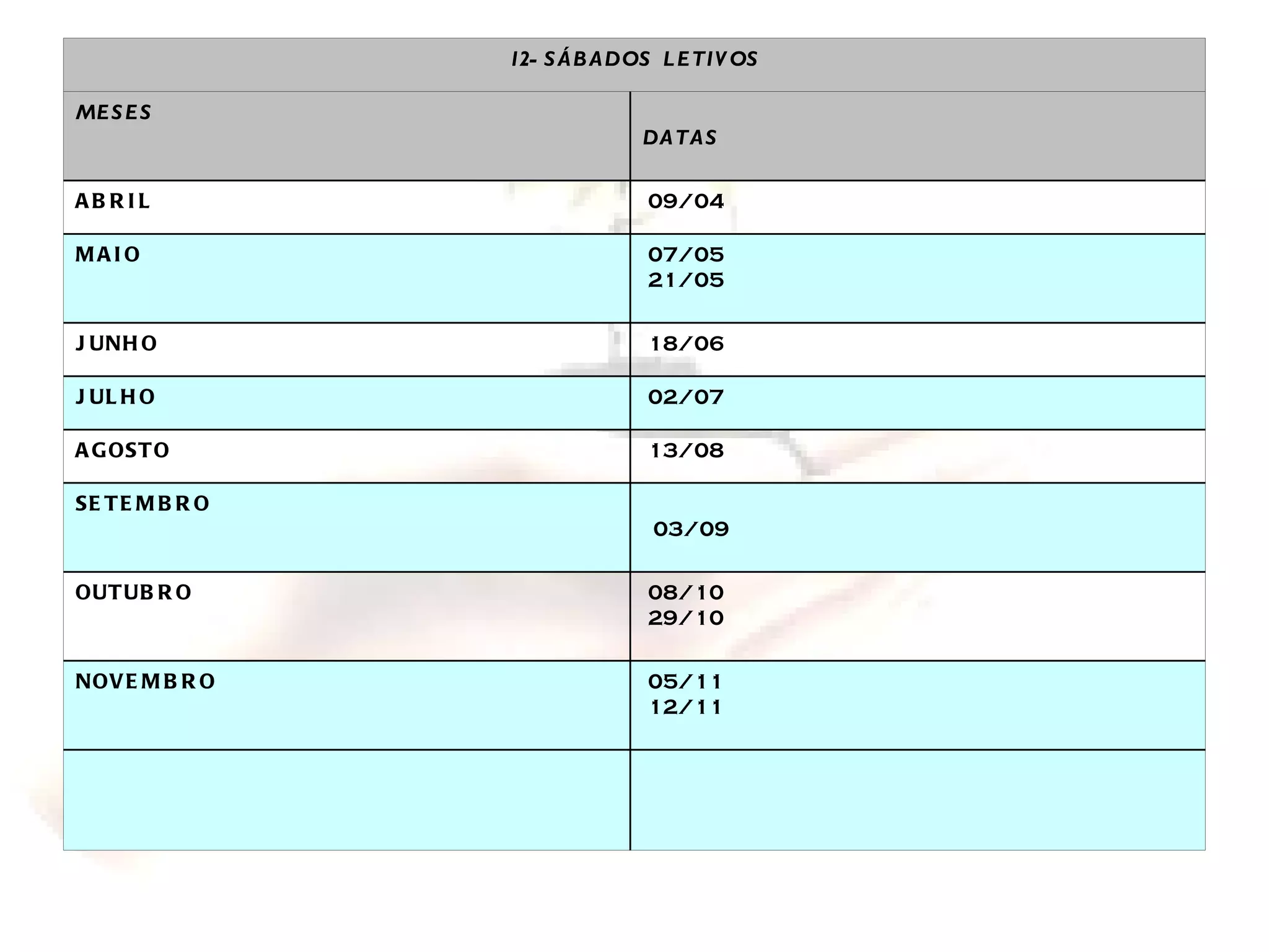05/11 12/11 NOVEMBRO 08/10 29/10 OUTUBRO 03/09 SETEMBRO 13/08 AGOSTO 02/07 JULHO 18/06 JUNHO 07/05  21/05 MAIO 09/04 ABRIL DATAS MESES 12- SÁBADOS  LETIVOS 