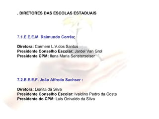. DIRETORES DAS ESCOLAS ESTADUAIS 7 .1.E.E.E.M. Raimundo Corrêa ;   Diretora:  Carmem L.V.dos Santos Presidente Conselho Escolar:  Jardel Van Grol Presidente CPM:  Ilena Maria Sensterseiser 7.2.E.E.E.F. João Alfredo Sachser :   Diretora:  Lionita da Silva Presidente Conselho Escolar : Ivaldino Pedro da Costa Presidente do CPM : Luis Onivaldo da Silva  