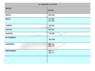 05/11 12/11 NOVEMBRO 08/10 29/10 OUTUBRO 03/09 SETEMBRO 13/08 AGOSTO 02/07 JULHO 18/06 JUNHO 07/05  21/05 MAIO 09/04 ABRIL DATAS MESES 12- SÁBADOS  LETIVOS 