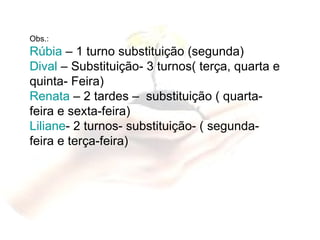 Obs.:  Rúbia  – 1 turno substituição (segunda) Dival  – Substituição- 3 turnos( terça, quarta e quinta- Feira) Renata  – 2 tardes –  substituição ( quarta-feira e sexta-feira) Liliane - 2 turnos- substituição- ( segunda-feira e terça-feira) 
