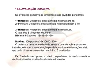 11.3. AVALIAÇÃO SOMATIVA Na avaliação somativa os trimestres estão divididos por pontos: 1º trimestre : 30 pontos, onde a média mínima será 18. 2º trimestre: 30 pontos, onde a média mínima também é 18. 3º trimestre : 40 pontos, onde a média mínima é 24. O total dos 3 trimestres deve ser: Mínima:  60 pontos (18+18+24=60) Máxima : 100 pontos (30+30+40=100) O professor deve ter cuidado de sempre quando aplicar prova ou trabalho, oferecer a recuperação paralela, conforme orientações, visto que cada trimestre deverá ter no mínimo 3 avaliações. Ex: 2 trabalhos e 1 prova, a critério do professor, tomando o cuidado de distribuir estas avaliações durante o trimestre. 